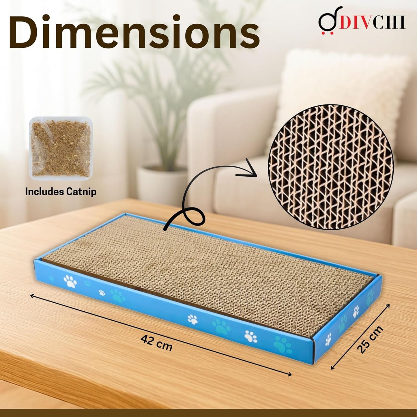 DIVCHI Cat Scratching Post Scratch Pad with Catnip, Cardboard Double-Sided Usability Paw Printed Scratching Mat for Cats Posts for Indoor