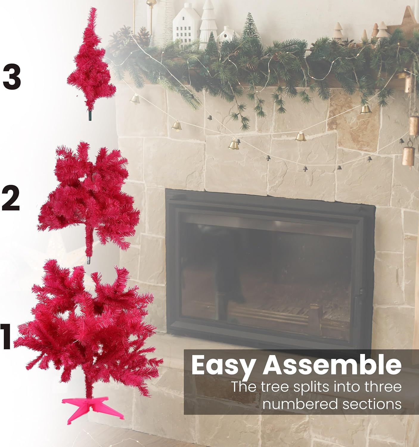 Pink Christmas tree with assembly instructions in front of a fireplace.