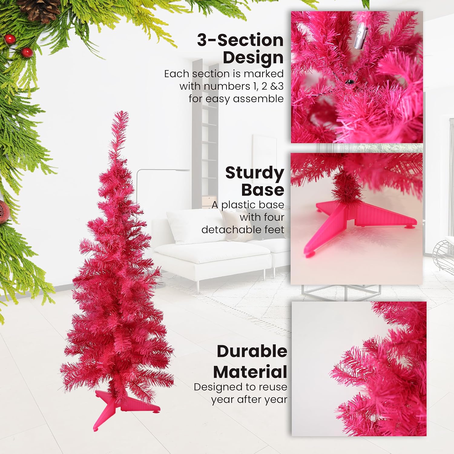 Collage of a pink artificial Christmas tree with assembly instructions and features.