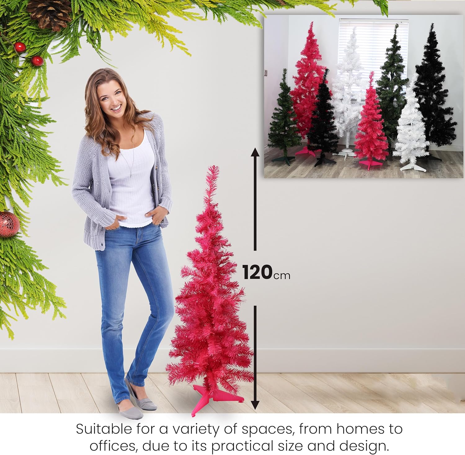 Woman standing next to a pink Christmas tree with a size indicator and inset showing more trees.