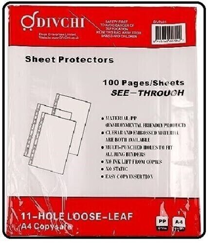 DIVCHI 100 Pcs A4 Clear Plastic Punched Punch Pockets for Folders Filing Wallets Sleeves