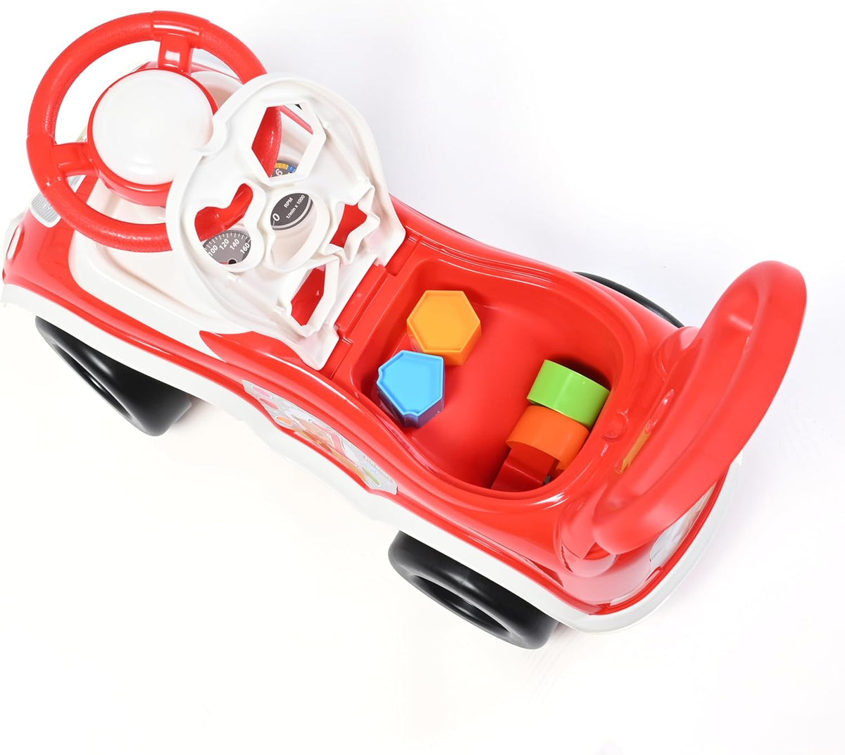 Red ride on car rear view with backrest handle and shape sorter seat