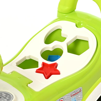 Green ride on car shape sorter seat close-up