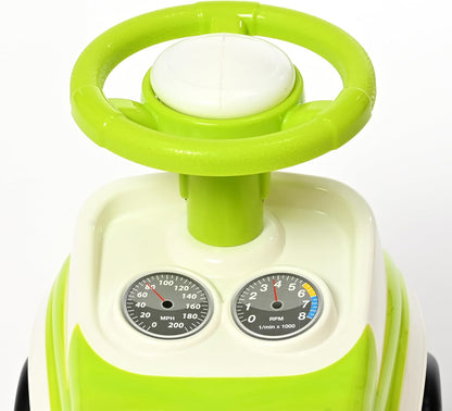 Green ride on car steering wheel with horn and dashboard dials