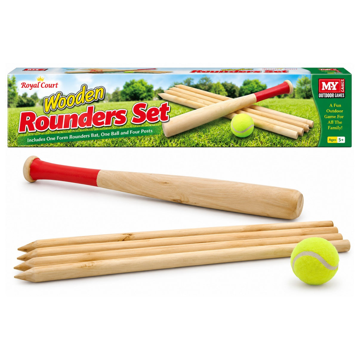 Wooden rounders set with gift box, wooden bat, 4 posts and soft ball