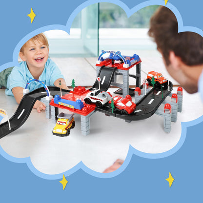 Happy child racing cars on the DIVCHI car track playset