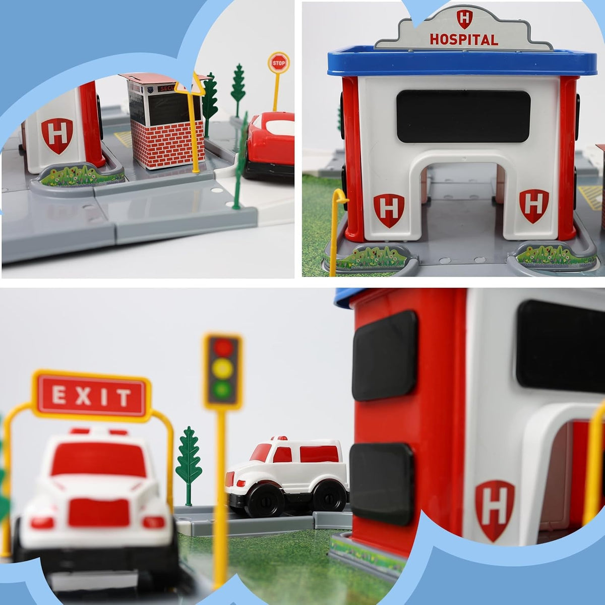 DIVCHI hospital playset close-up of ambulance, exit sign and security hut