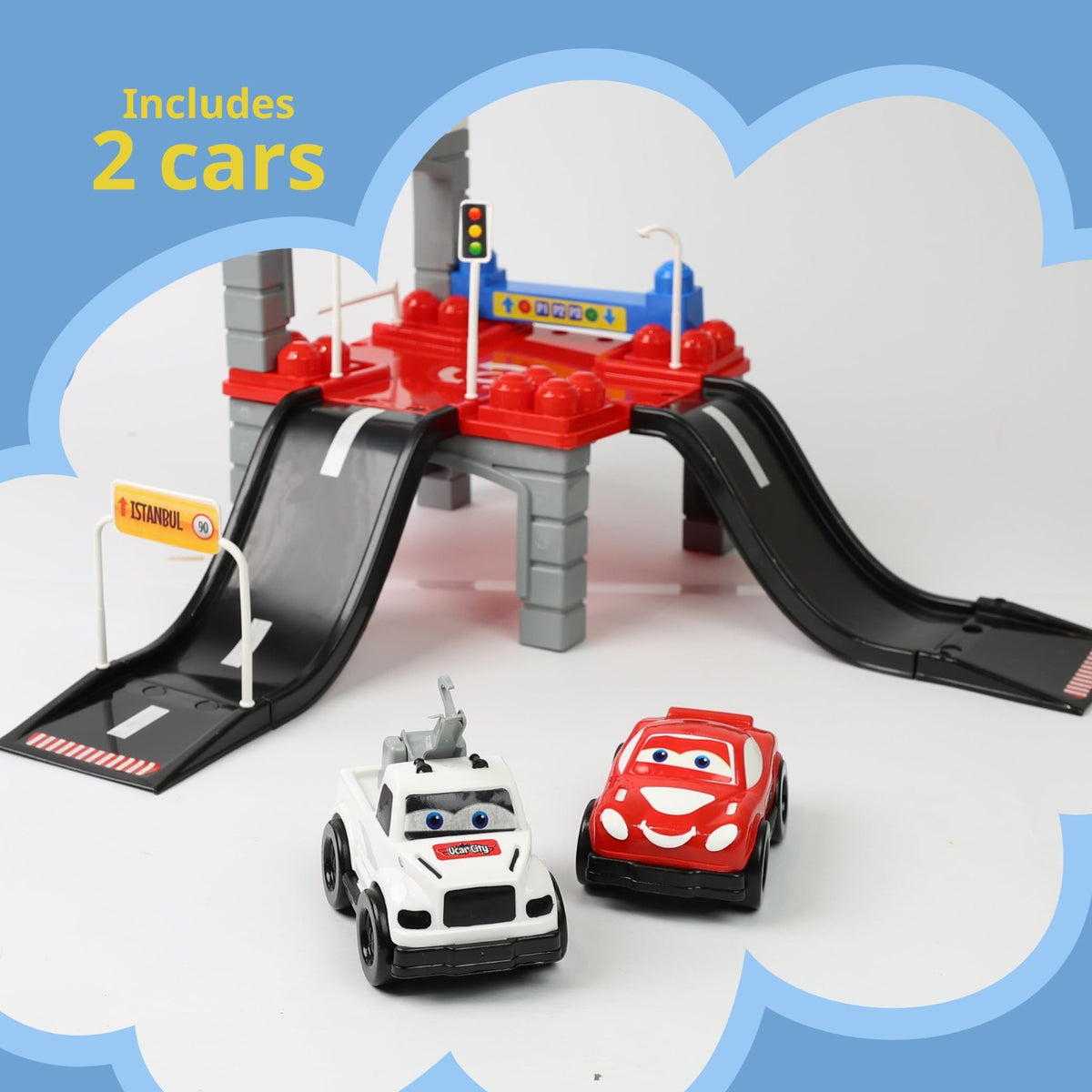 DIVCHI car track playset includes 2 toy cars