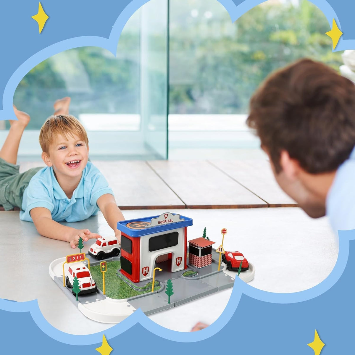 Happy child playing with the DIVCHI hospital playset