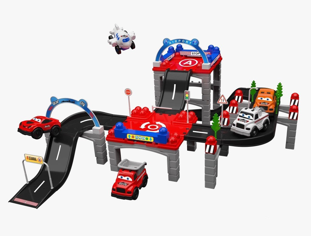 DIVCHI car track playset built with plane, cars and multi-level bridge
