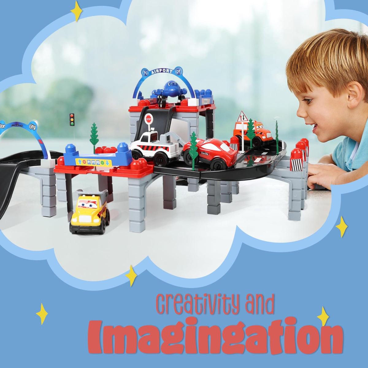 Child playing with the DIVCHI car track playset