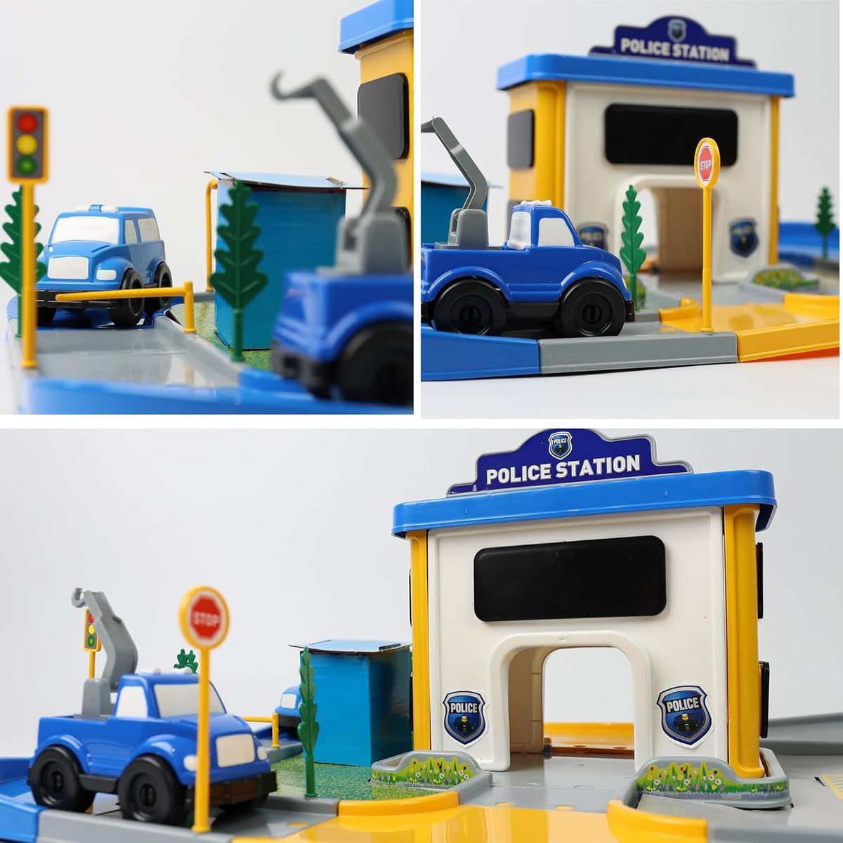 DIVCHI police station playset close-up with tow truck and traffic light