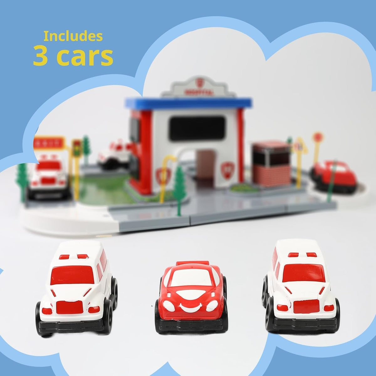 DIVCHI hospital playset with rooftop helipad, roads and grass area