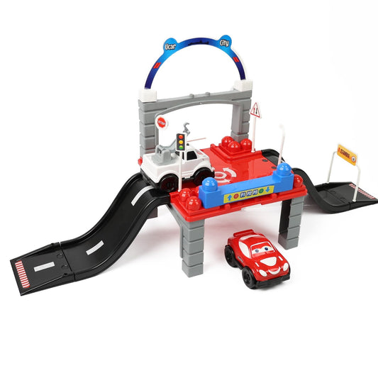 DIVCHI car track playset with bridge, ramps and 2 toy cars