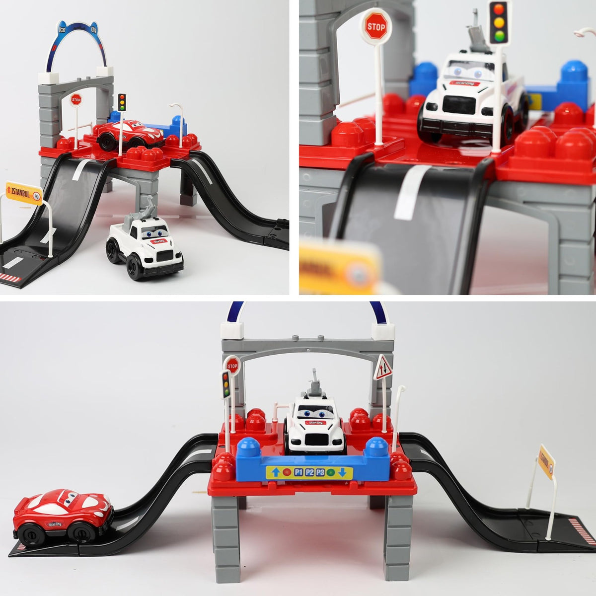 DIVCHI car track playset close-up of bridge, traffic light and cars