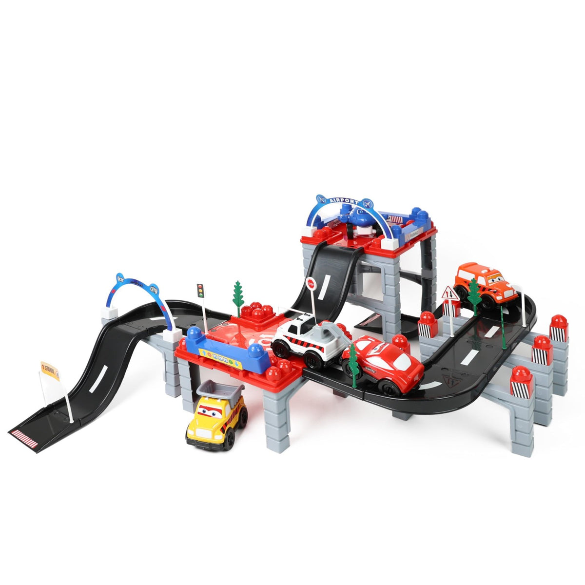 DIVCHI 80 piece car track playset with bridges, ramps and 5 vehicles