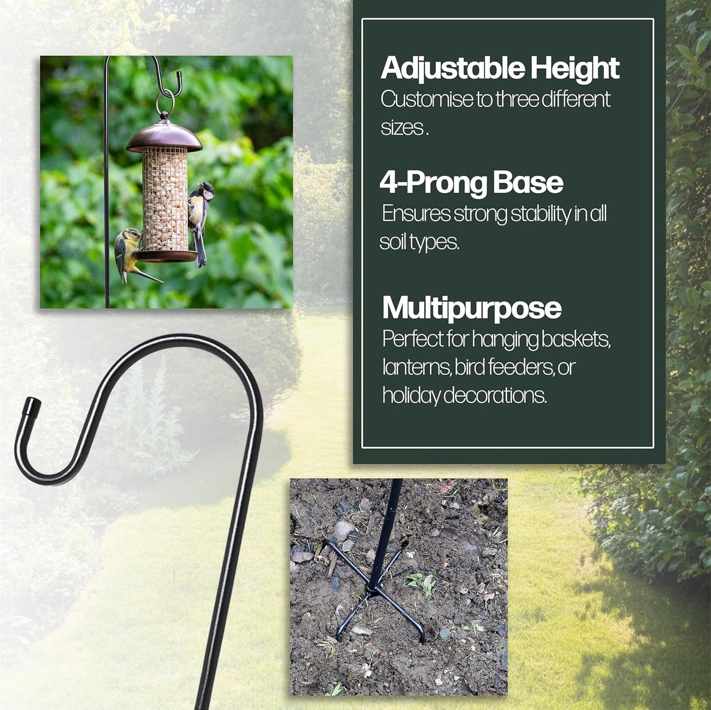 DIVCHI Shepherds Crook Hooks, 2 Pack 198.5cm Adjustable Height  with 5 Prong Base, Heavy Duty Garden Border Hook for Lanterns Birdfeeder Mason Jars Lights Weddings Plant Baskets