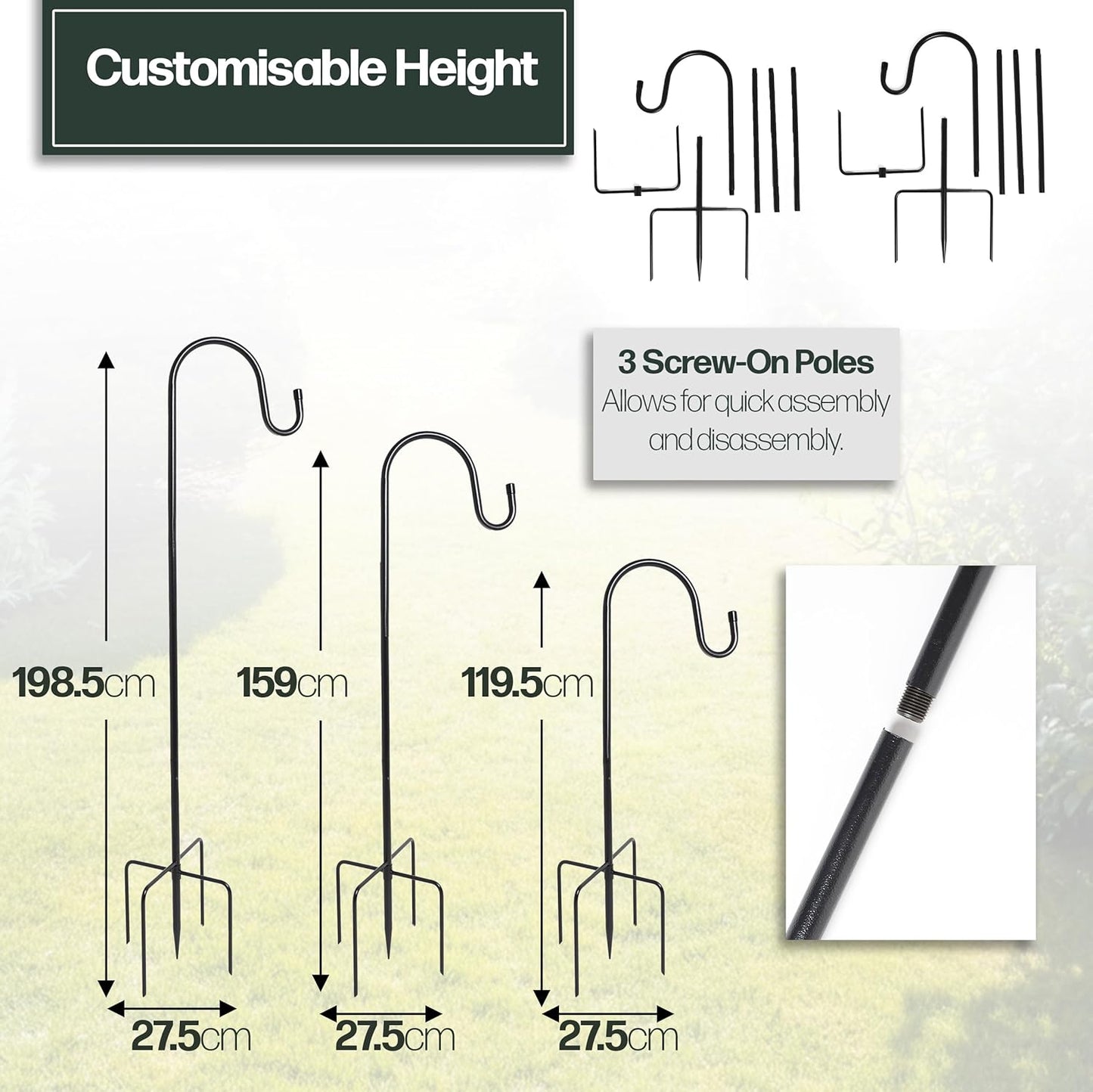 DIVCHI Shepherds Crook Hooks, 2 Pack 198.5cm Adjustable Height  with 5 Prong Base, Heavy Duty Garden Border Hook for Lanterns Birdfeeder Mason Jars Lights Weddings Plant Baskets