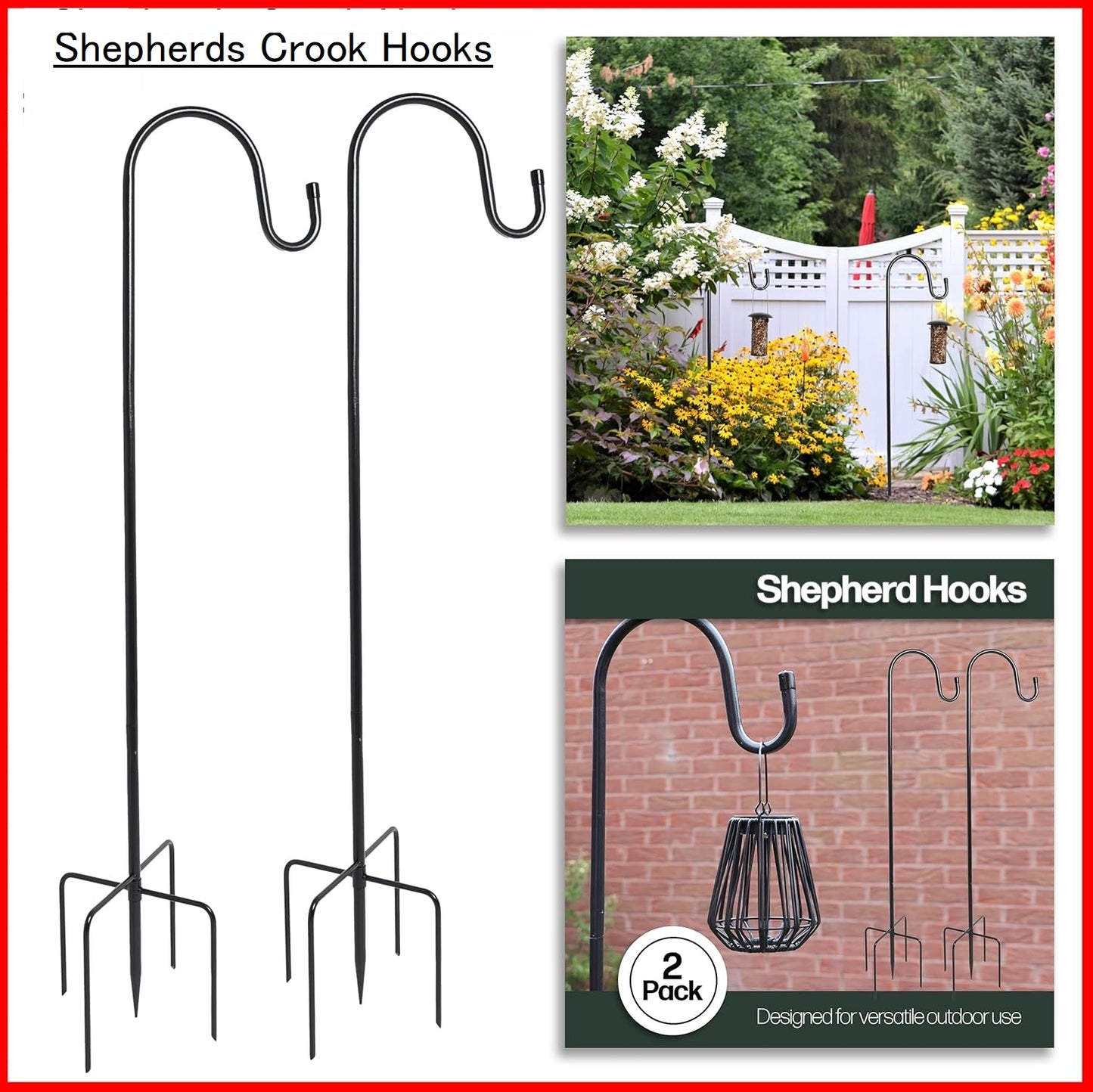 DIVCHI Shepherds Crook Hooks, 2 Pack 198.5cm Adjustable Height  with 5 Prong Base, Heavy Duty Garden Border Hook for Lanterns Birdfeeder Mason Jars Lights Weddings Plant Baskets