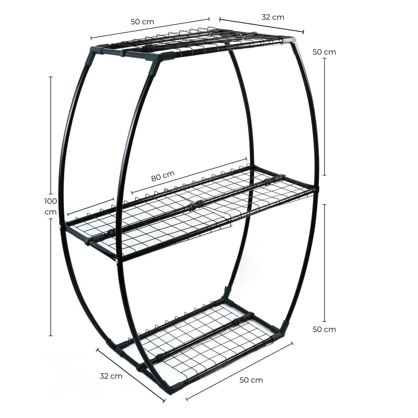 Black metal shelving unit with dimensions on a white background