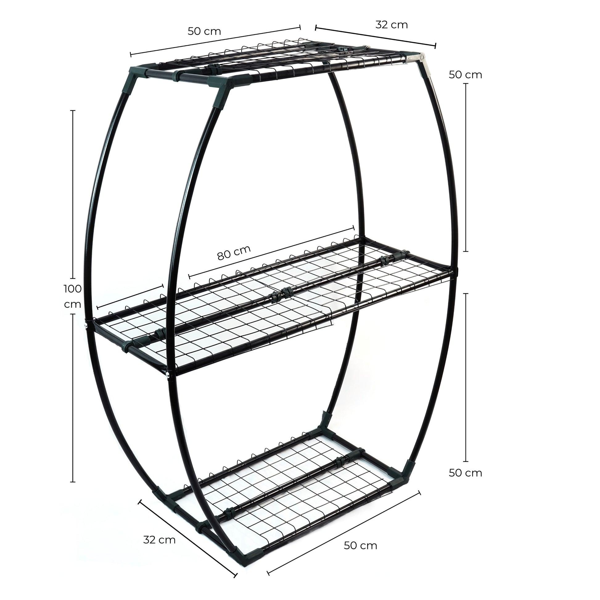 Black metal shelving unit with dimensions on a white background