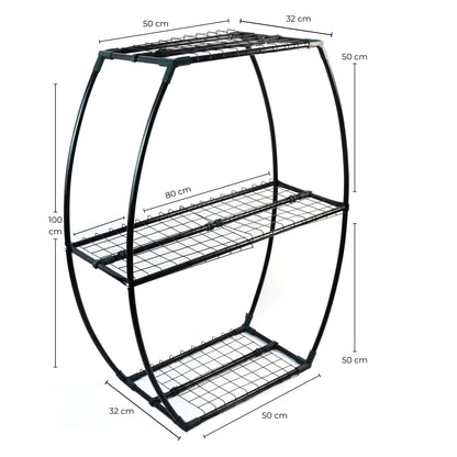 Black metal shelving unit with dimensions on a white background