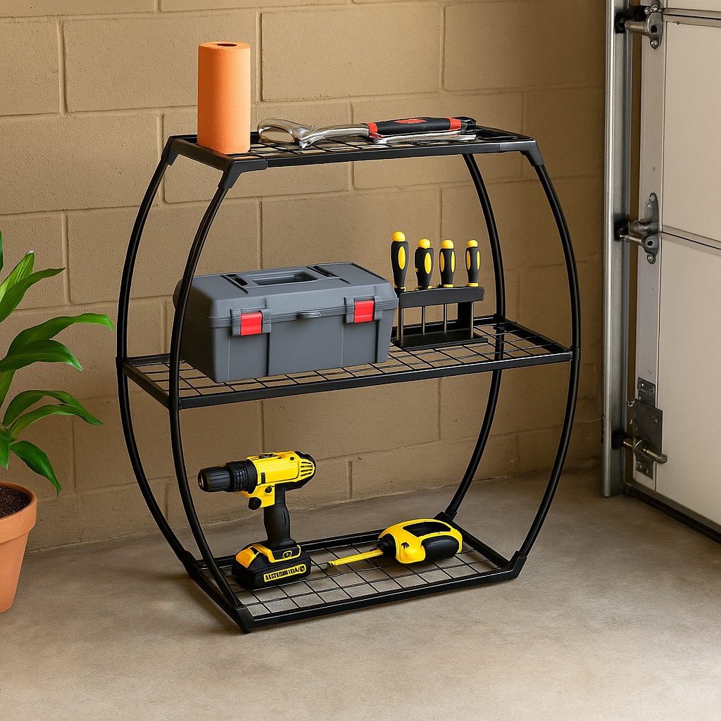 Tool storage rack with tools and a toolbox against a beige wall.
