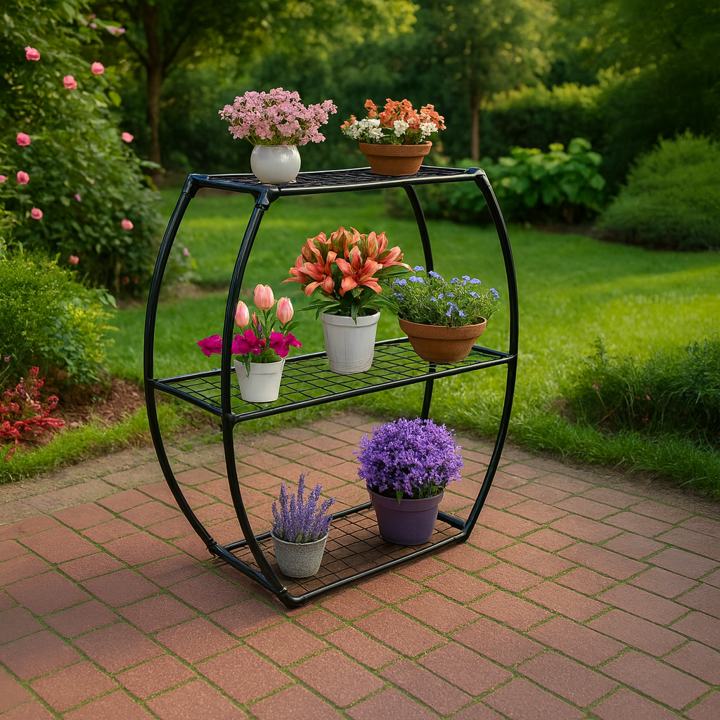 Three-tiered metal plant stand with potted plants on a patio