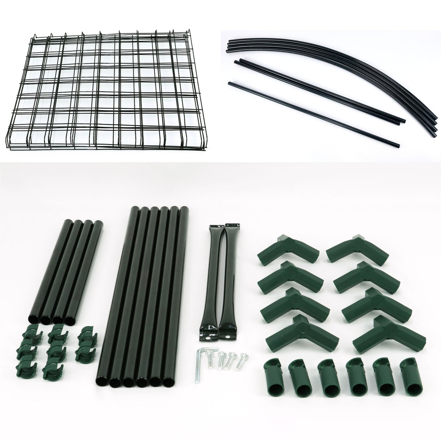 Collection of black and green metal components on a white background