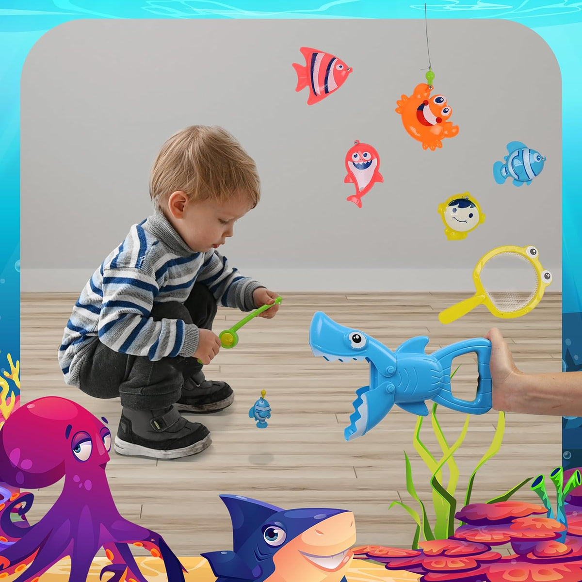Toddler playing with the DIVCHI shark grabber fishing game