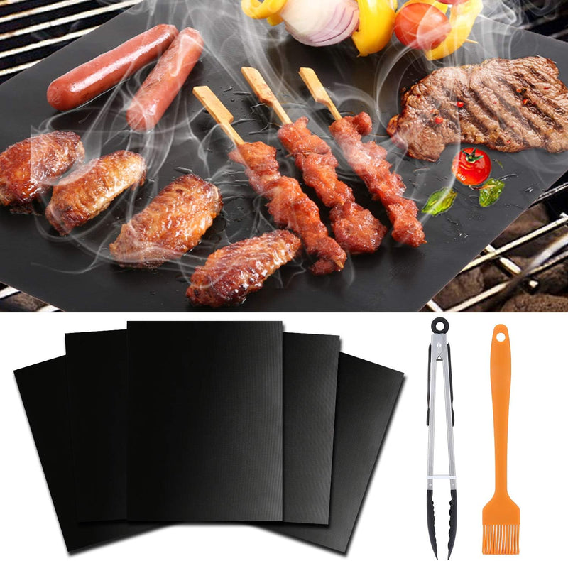 WISDOMWELL BBQ Grill Mat Set of 5 Non Stick Teflon Barbecue Baking Mats for Charcoal, Gas or Electric Grill - Heat Resistant, Reusable and Easy to Clean Free 12" BBQ Tongs and Silicone Brush