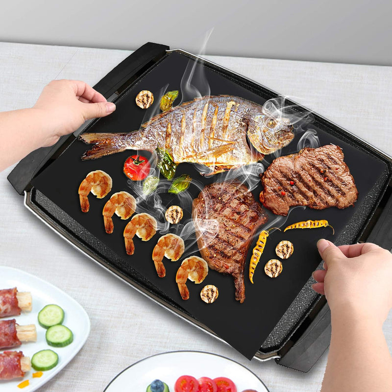 WISDOMWELL BBQ Grill Mat Set of 5 Non Stick Teflon Barbecue Baking Mats for Charcoal, Gas or Electric Grill - Heat Resistant, Reusable and Easy to Clean Free 12" BBQ Tongs and Silicone Brush