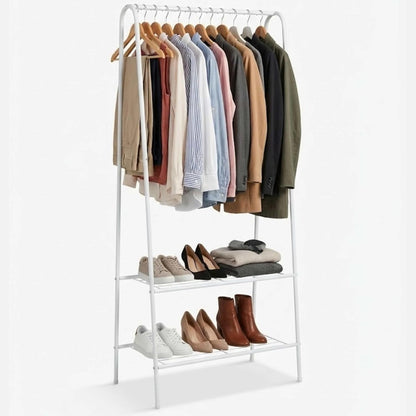 Clothes Rail Heavy Duty Multifunctional Hanging Rack Freestanding Metal Garment Organizer Stand with 2-Tier Storage Shelves Portable Coat Stand for Bedroom Laundry Room & Entryway
