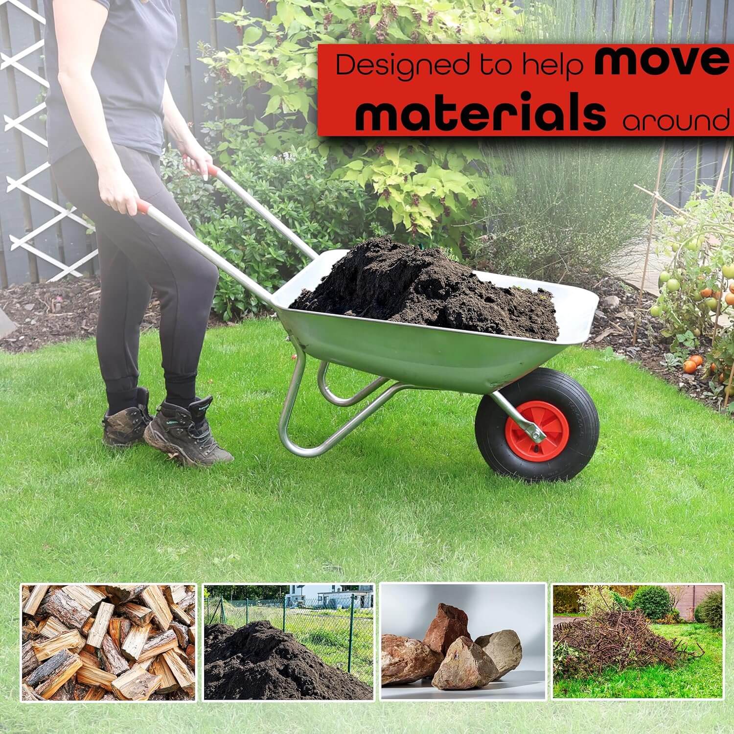 Woman using a stainless steel wheelbarrow to move soil in the garden, suitable for wood, soil, rocks, and yard waste.