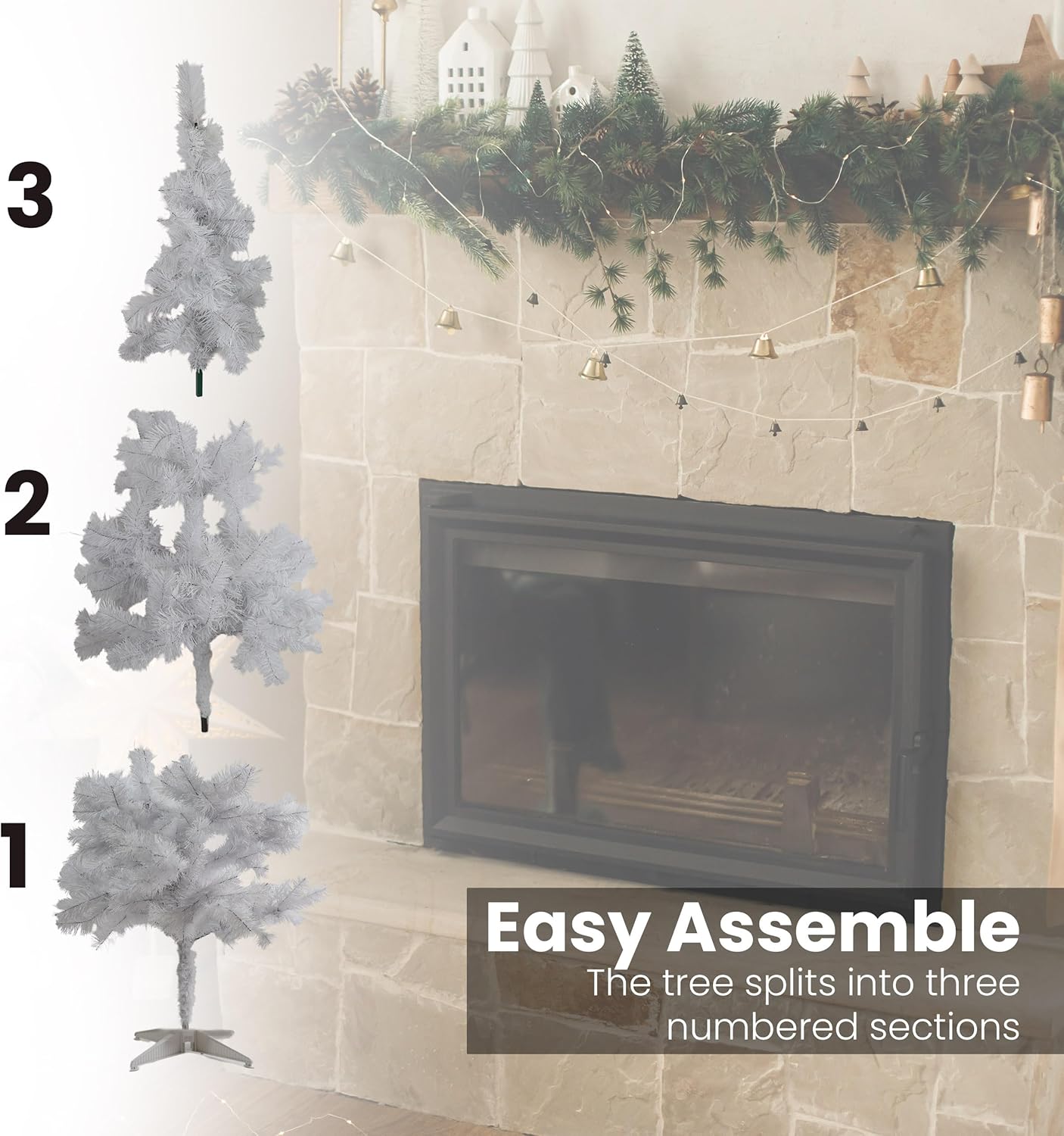 Decorative Christmas trees with assembly instructions in front of a fireplace.