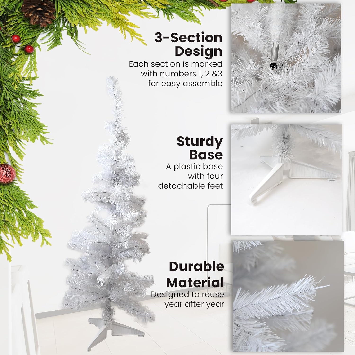 White artificial Christmas tree with assembly instructions and features on a white background