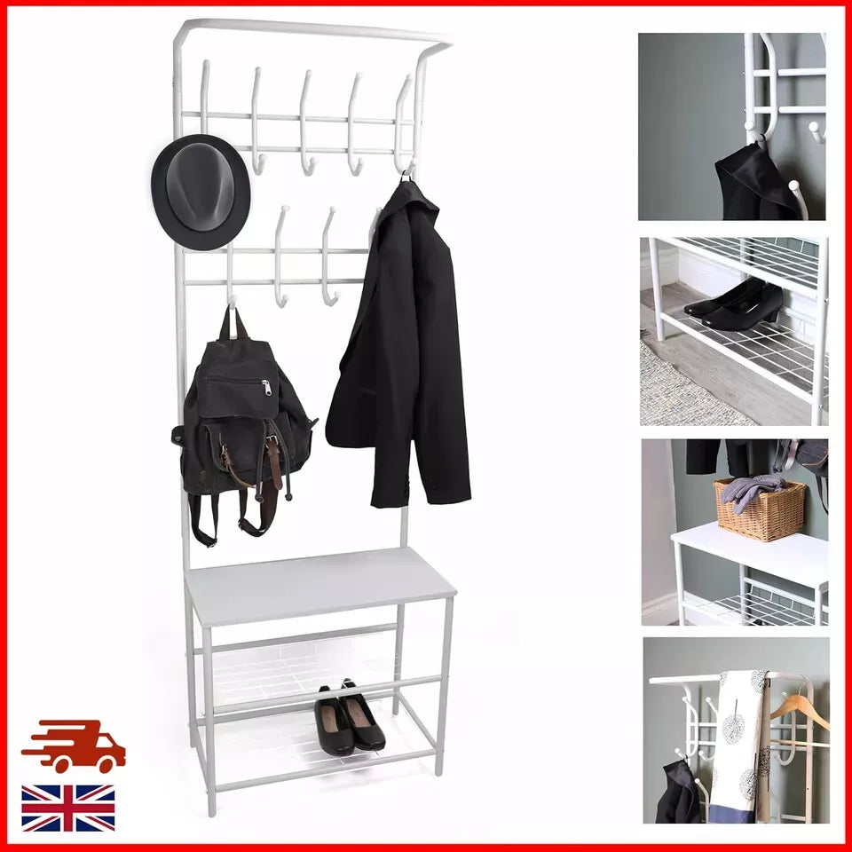 4-in-1 Coat Rack with Shoe Storage Bench 9 hooks for Clothes & Hats - DIVCHI
