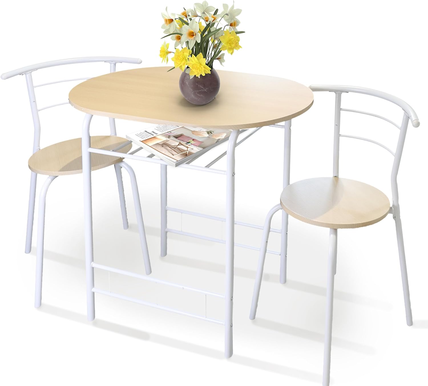 3 Piece Dining Table & Chairs Set With Storage Shelf And Wine Rack Modern Breakfast Bar Table - DIVCHI