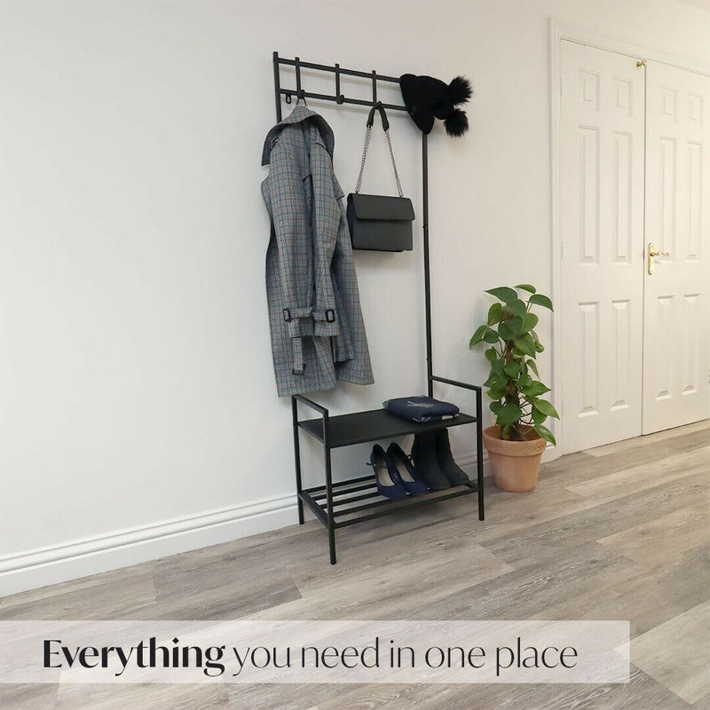 Metal Coat Rack 2-Tier with Bench and Shoe Storage With Free Standing Hall Tree