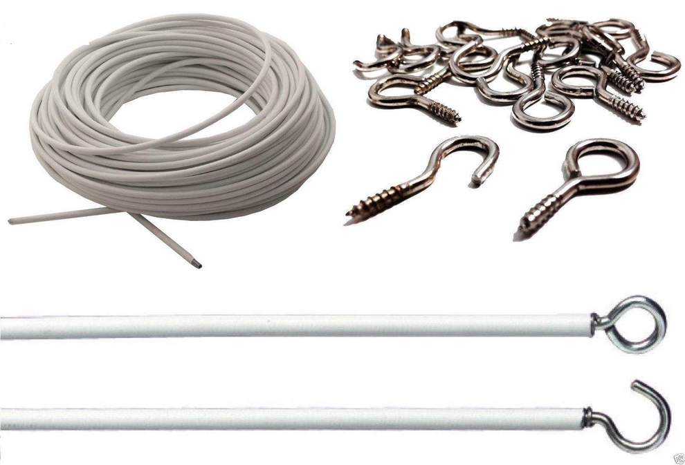 Curtain Wire Kit Net Curtain Wire With 16 Hooks 16 Eyes, Expandable Curtain Line Multi-Purpose Decoration Net Wire Curtain Lines White Curtain Cord Net Curtaeins For Windows Hanging Pictures, 3m