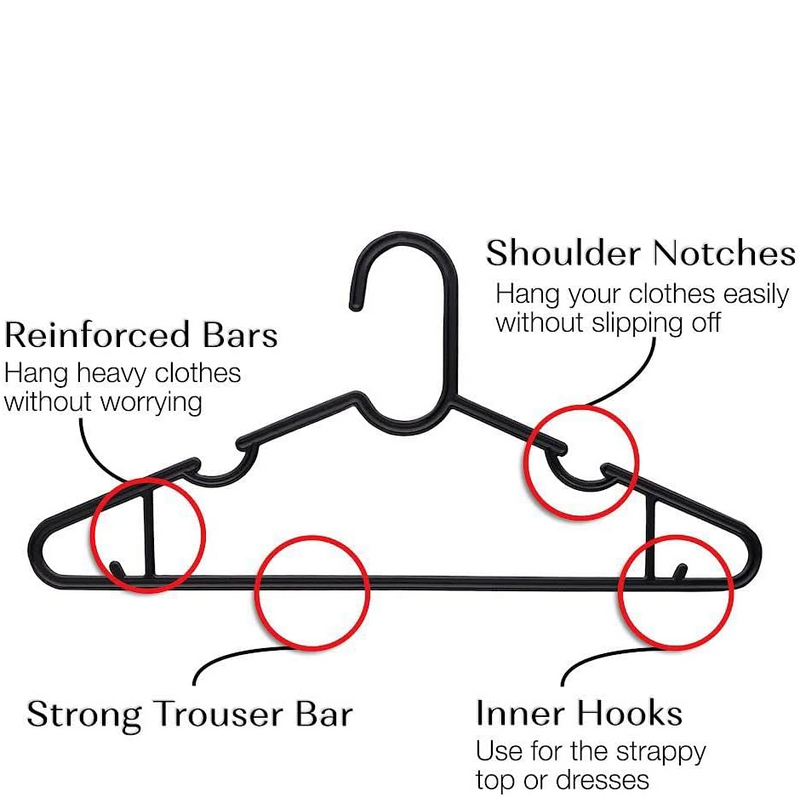 Pack Adult Plastic Coat Hangers Clothes with Suit Trouser Bar and Lips Size 39cm Wide, 18.5cm Height (Set of 25)