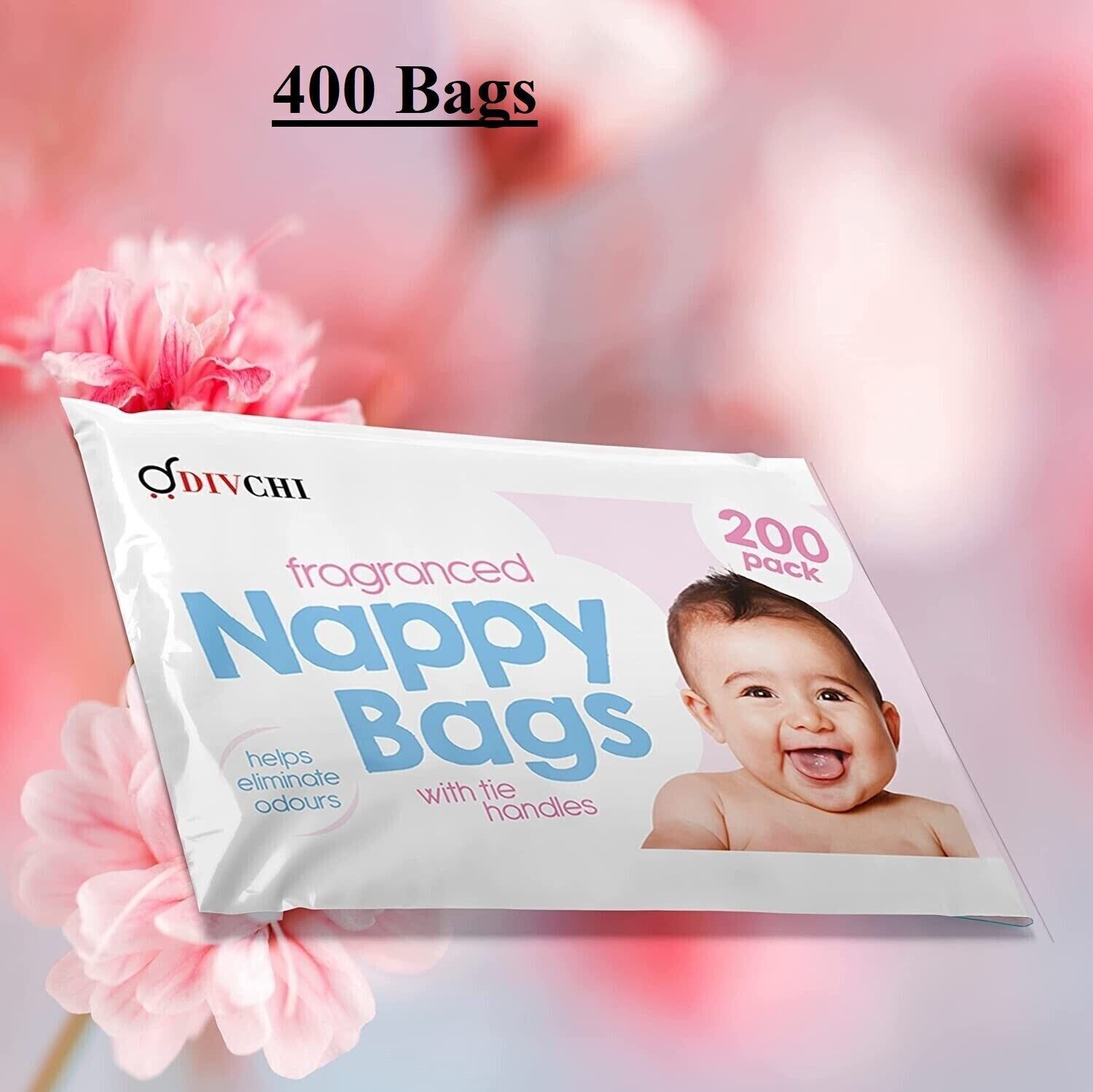 DIVCHI Baby Disposable Diaper Sacks Bags Dispenser Antibacterial Power Scented Nappy Disposal Bags Easy-Tie for Travel - 4 x 200 Pack (800 in Total) - DIVCHI