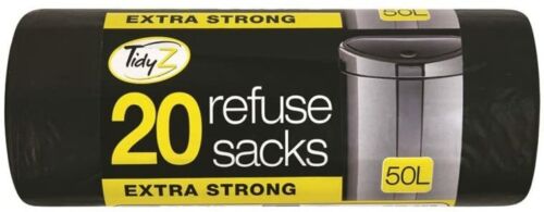 20 Black Refuse Sacks 50 Litre Extra Strong Heavy Duty For Home/Kitchen/Office