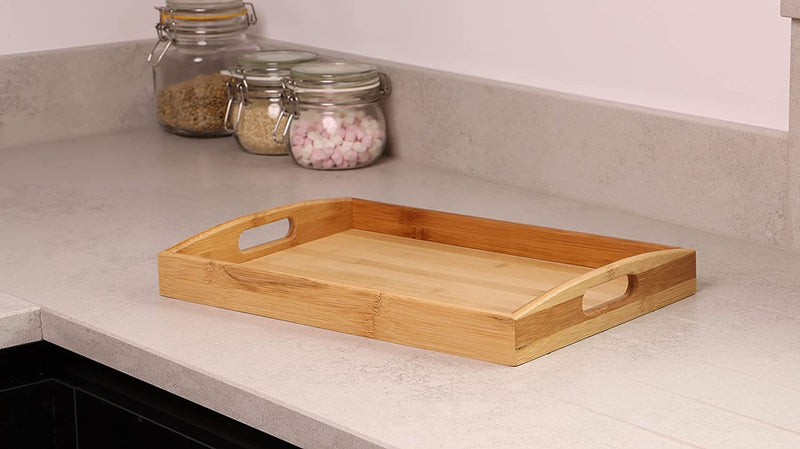 Pack of 3 Bamboo Serving Tray with Handles Rectangular Wooden Breakfast Tray Works for Eating, Working, Storing, Used in Bedroom, Kitchen, Living Room, Bathroom, Hospital and Outdoors