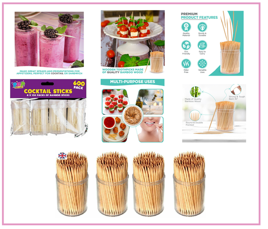 600 Toothpicks Party Food Fruit Cheese Hold Wooden Cocktail Sticks Tooth Picks - DIVCHI
